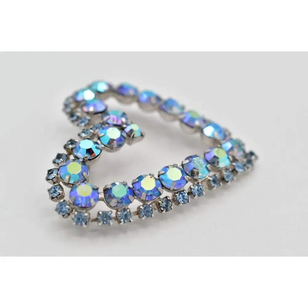 Vintage Crystal Heart Pin Brooch Blue Aurora Borealis Prong Rhinestone 60s BinBI